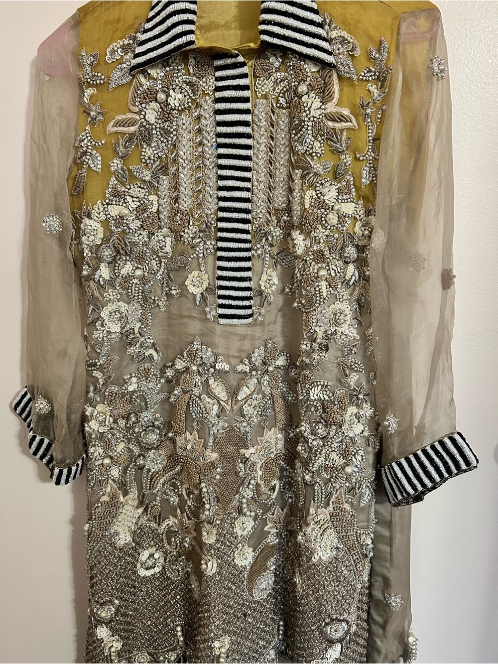 Embroidered Sheer Tunic with Striped Trim